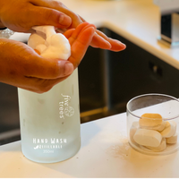 Dissolvable hand wash tablets, Just add water foamy hand wash, Five trees hand wash , Refill hand wash tablets, Hand soap tablets, eco friendly hand soap , Eco must haves, how to reduce plastic waste, how to reduce landfill, products that save money and the planet , hand wash for dry hands, hand wash free from parabens and alcohol, reduce reuse recycle, reduce your carbon emissions
